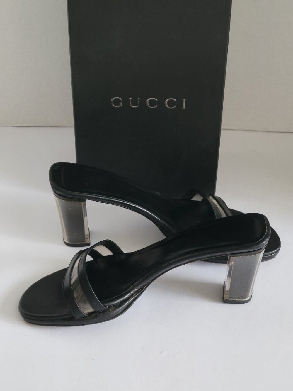 GUCCI Tom Ford-era Black Leather Lucite Heel Mules. Size 9.5. Vintage. Y2K